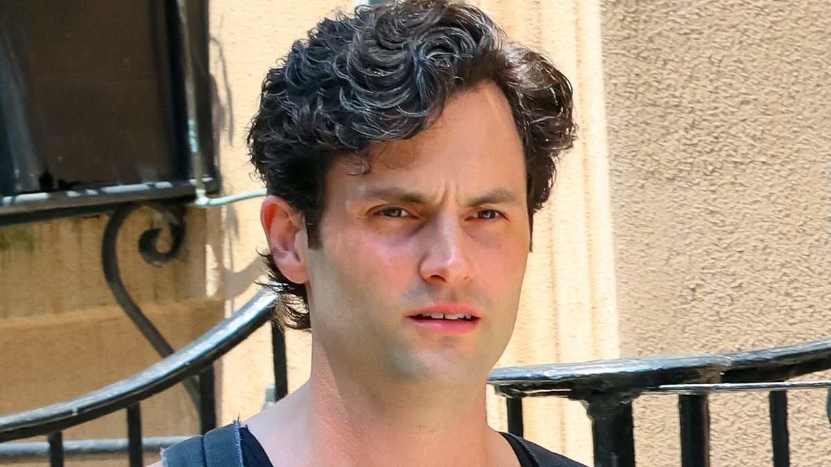 Penn Badgley shows off VERY muscular arms in a black tank top as he shoots fifth and final season of Netflix's You in NYC