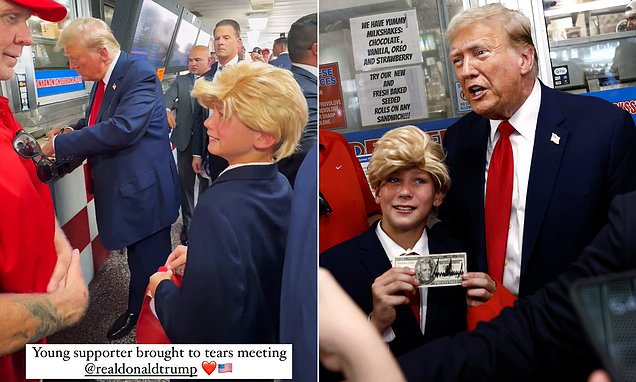 Trump superfan in suit and wig bursts into tears as he meets his idol