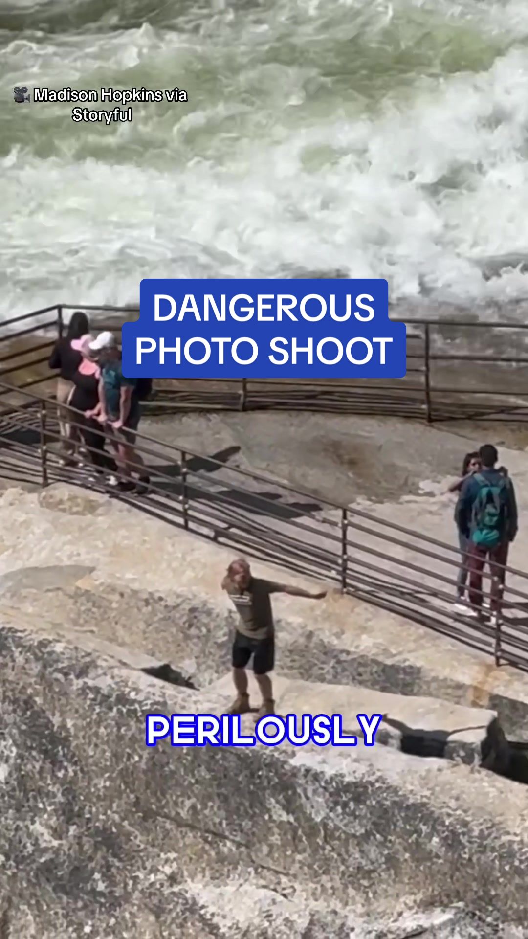 A group of tourists JUMPED the barrier at Yosemite National Park to take photos just inches away from a 317-foot drop. Video shows one of the men crouching on the precipice of Vernal Falls as the others take his photo. 🎥 Madison Hopkins via Storyful #yosemite #waterfall #tourists #tourism #california #news